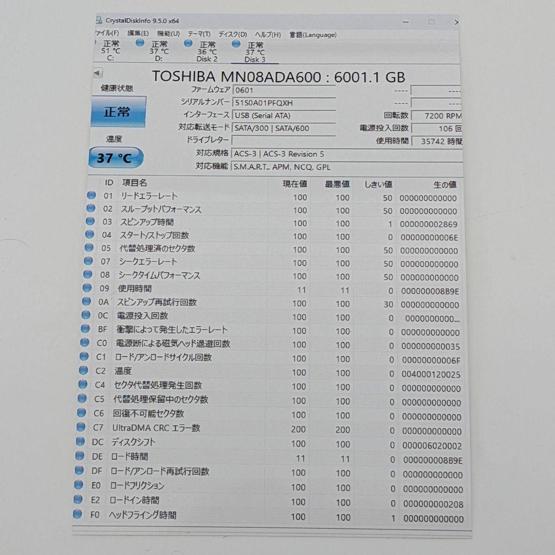 TOSHIBA MN08ADA600 NAS向けHDD 6TB×2台