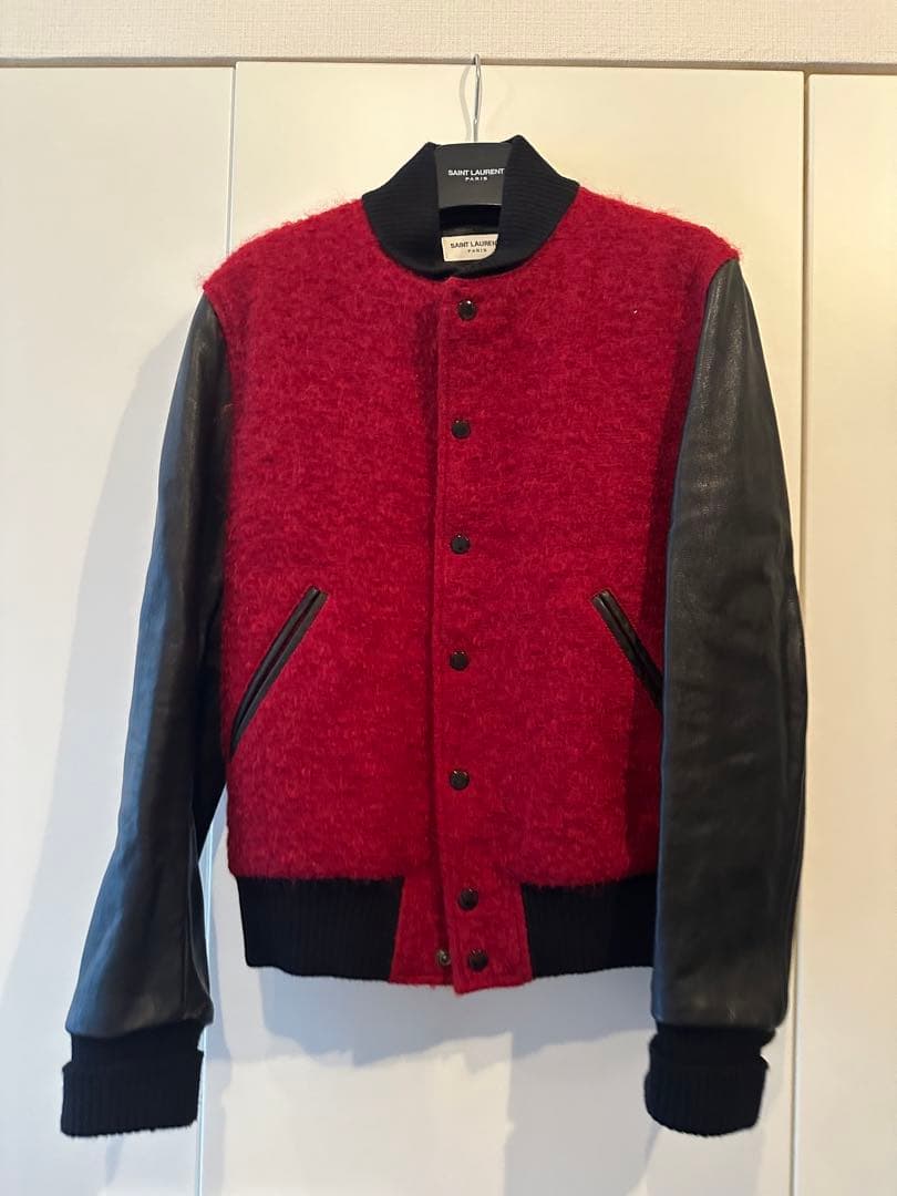 プ*。様 Saint Laurent レザー ウール モヘア バーシティジャケッ