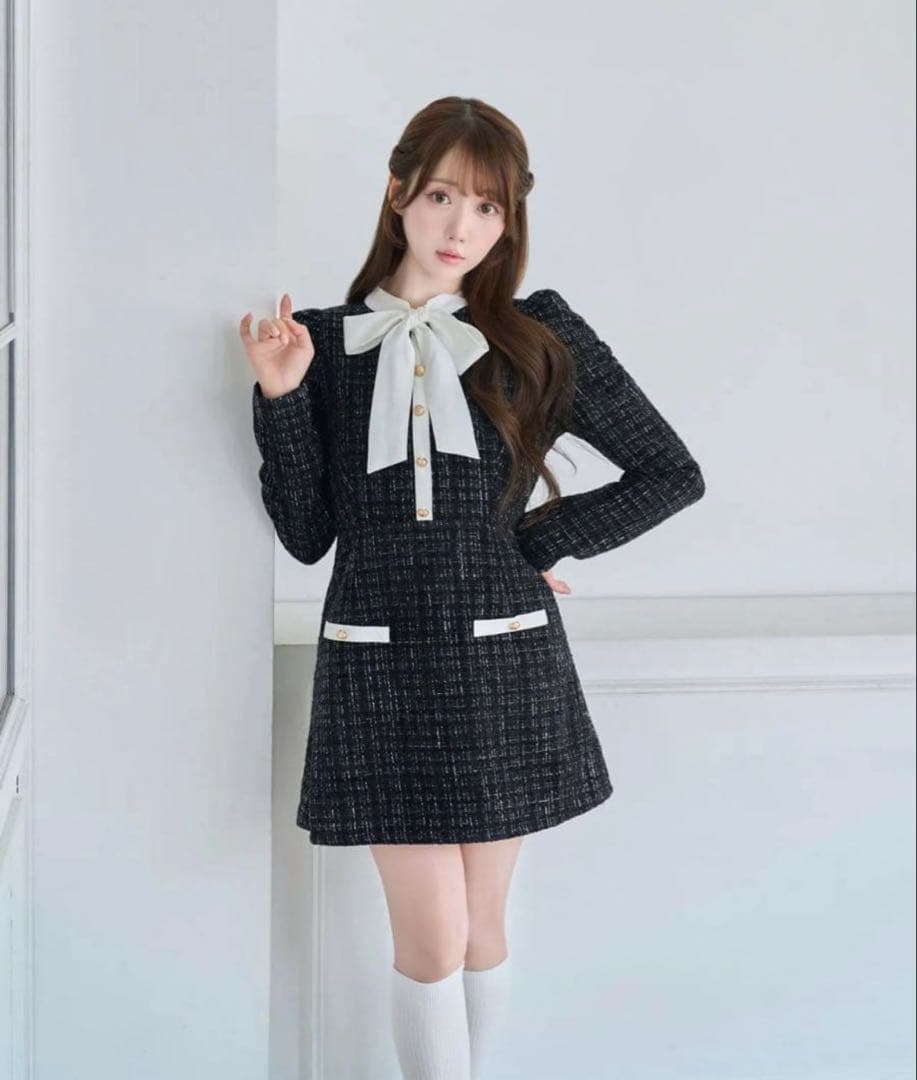 ロゼミューズ ribbon tie tweed mini onepiece