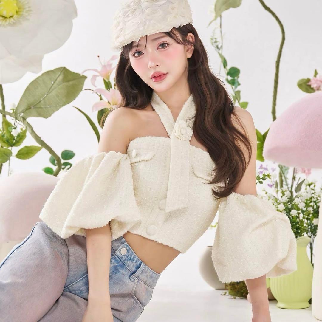 Darich ホルターネックオフショルツイードトップス ホワイト サイズF