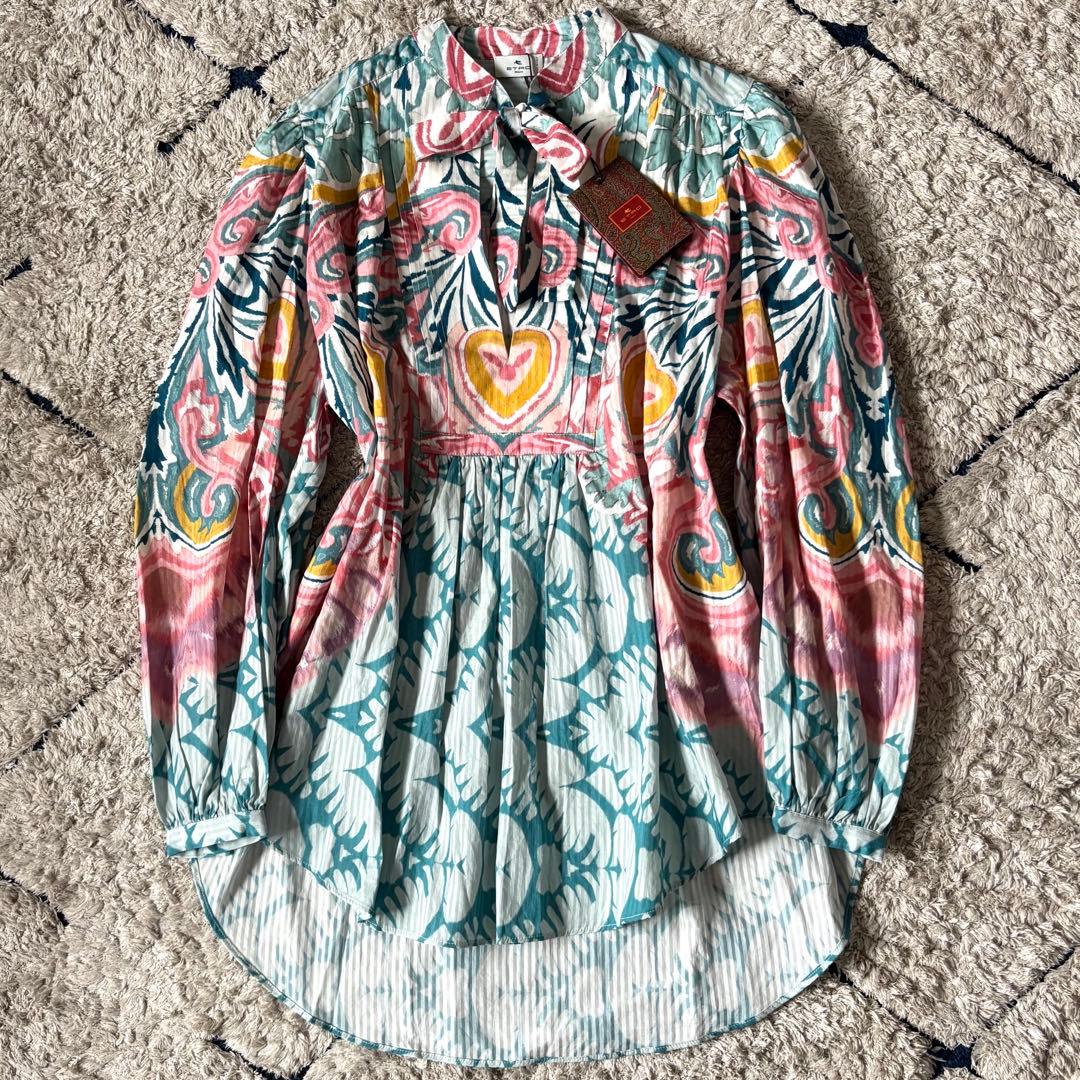 【タグ付✨】エトロ　チュニック　シャツ　ボウタイ　リボン　総柄　ワンピース　XL