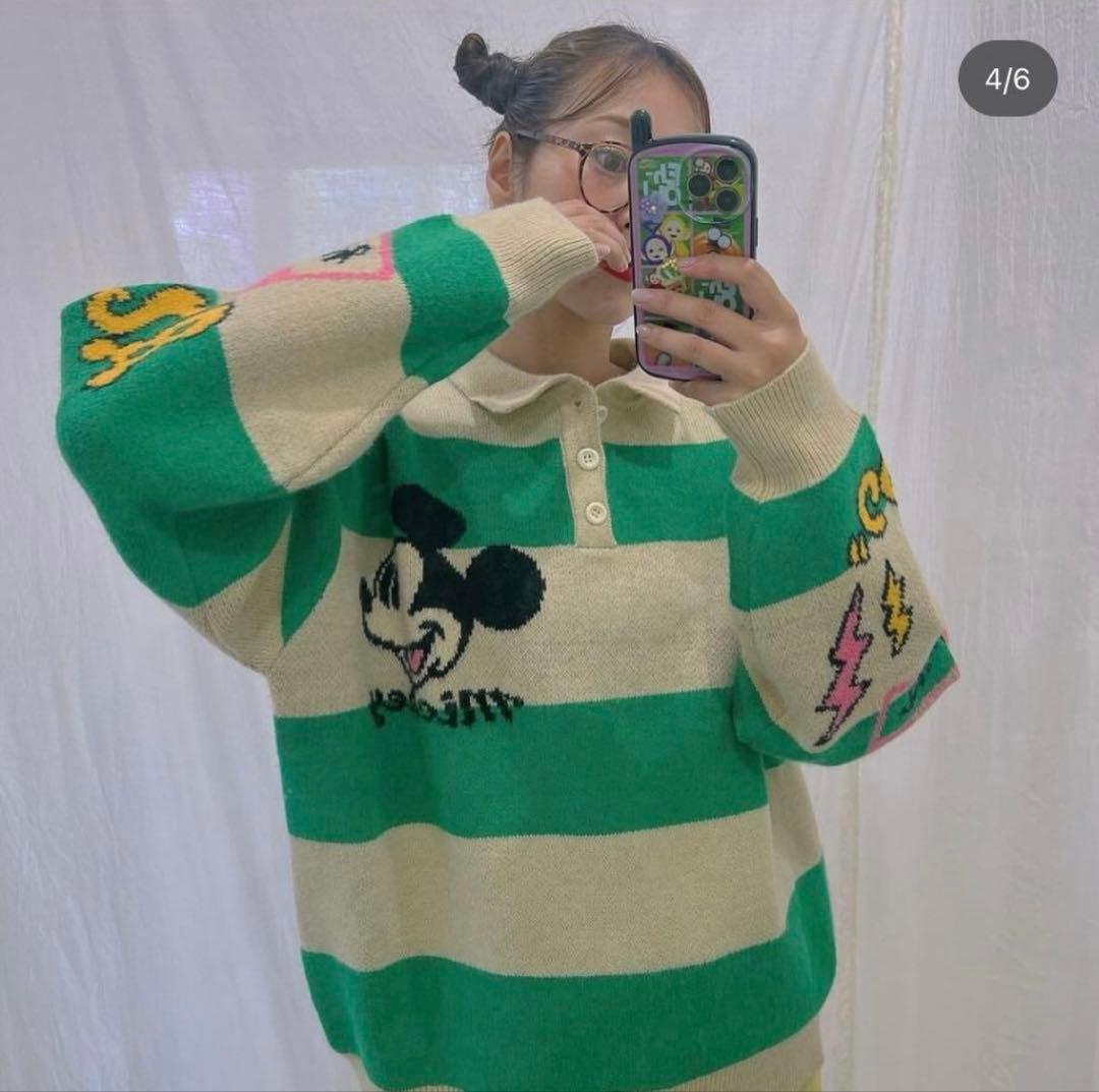 ディズニー ミッキー ハーフボタン ボーダーニット　LINK@/リンクアット