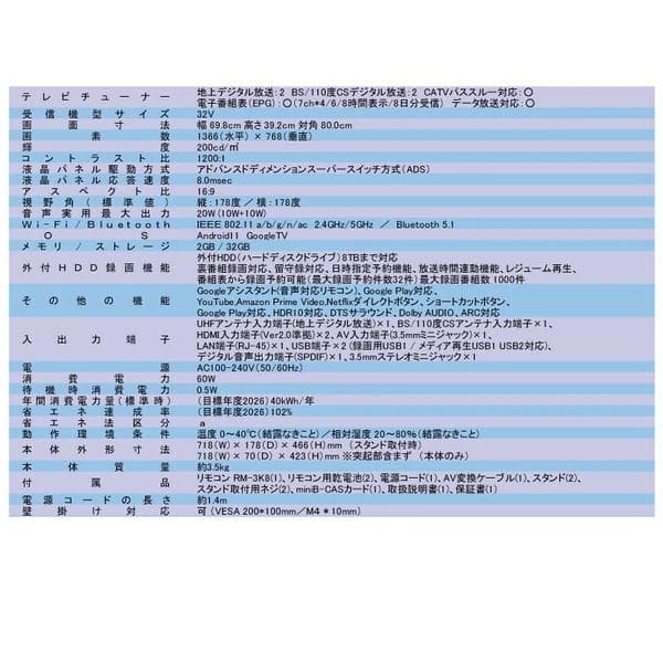 TVも観れるAndroid搭載 32V型BS・CS/地上波ハイビジョン液晶TV