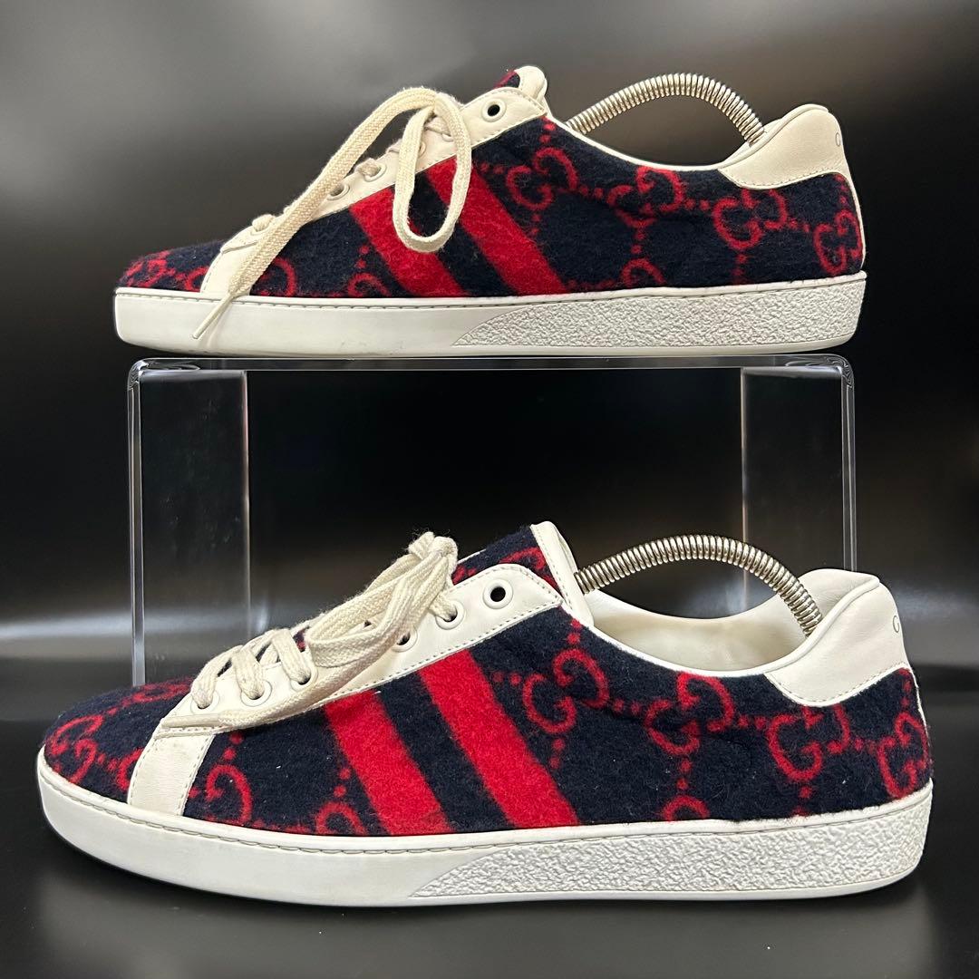 【極美品】グッチ GGウール ジャンボ スニーカー メンズ ニット 紺 26.5