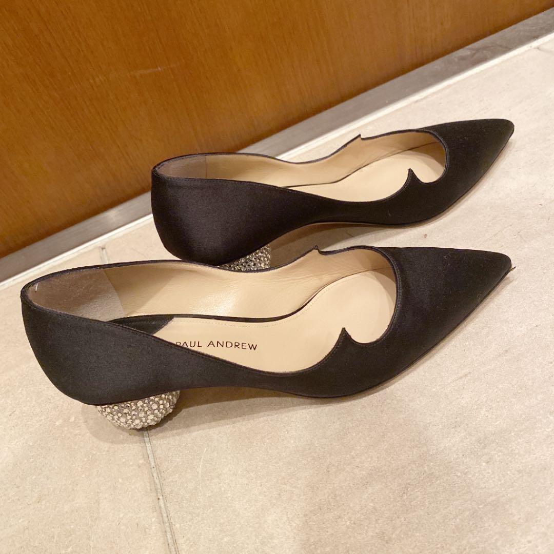 ポールアンドリュー パンプス サテン ストーン ボール ヒール 黒 ブラック