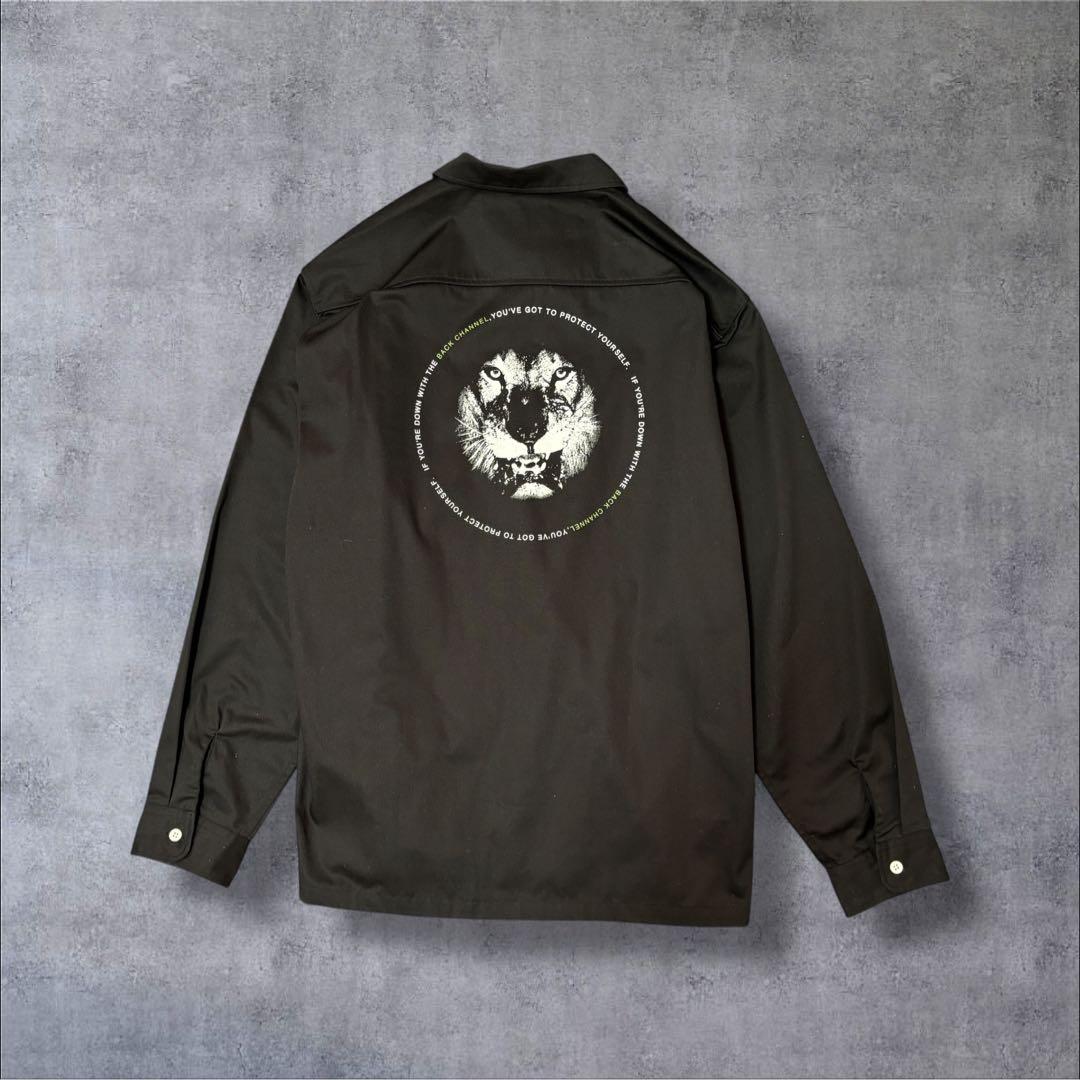 Bunzou！希少▲バックチャンネル ワークシャツ 黒 ライオン 背面プリ