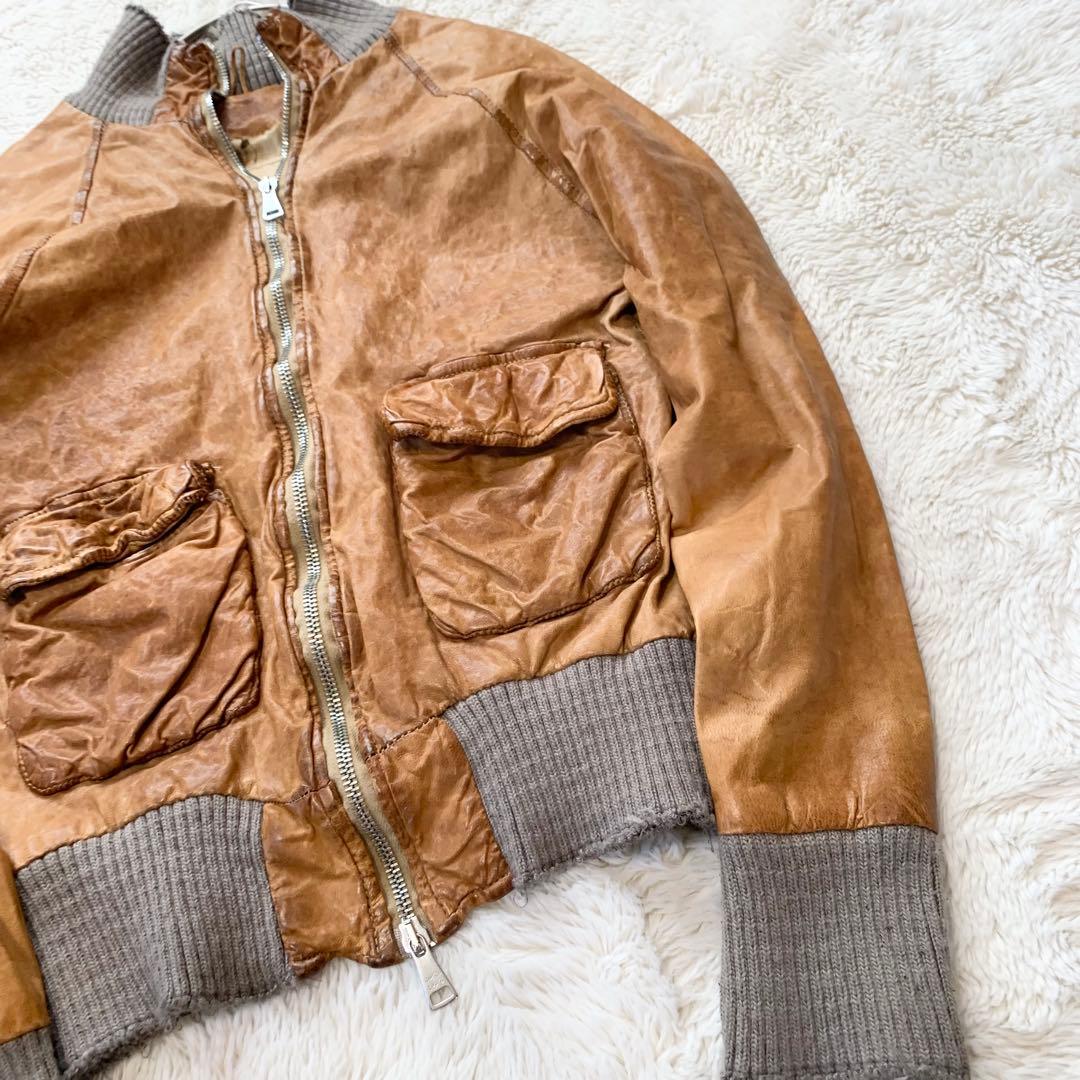 GIORGIO BRATO レザー　ジャケット　袖リブ　鳥　42サイズ　ブラウン