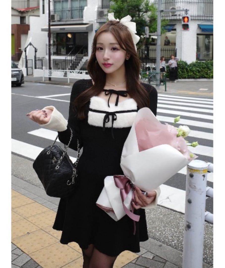 Darich ダーリッチ リボンファーフレアニットミニワンピース