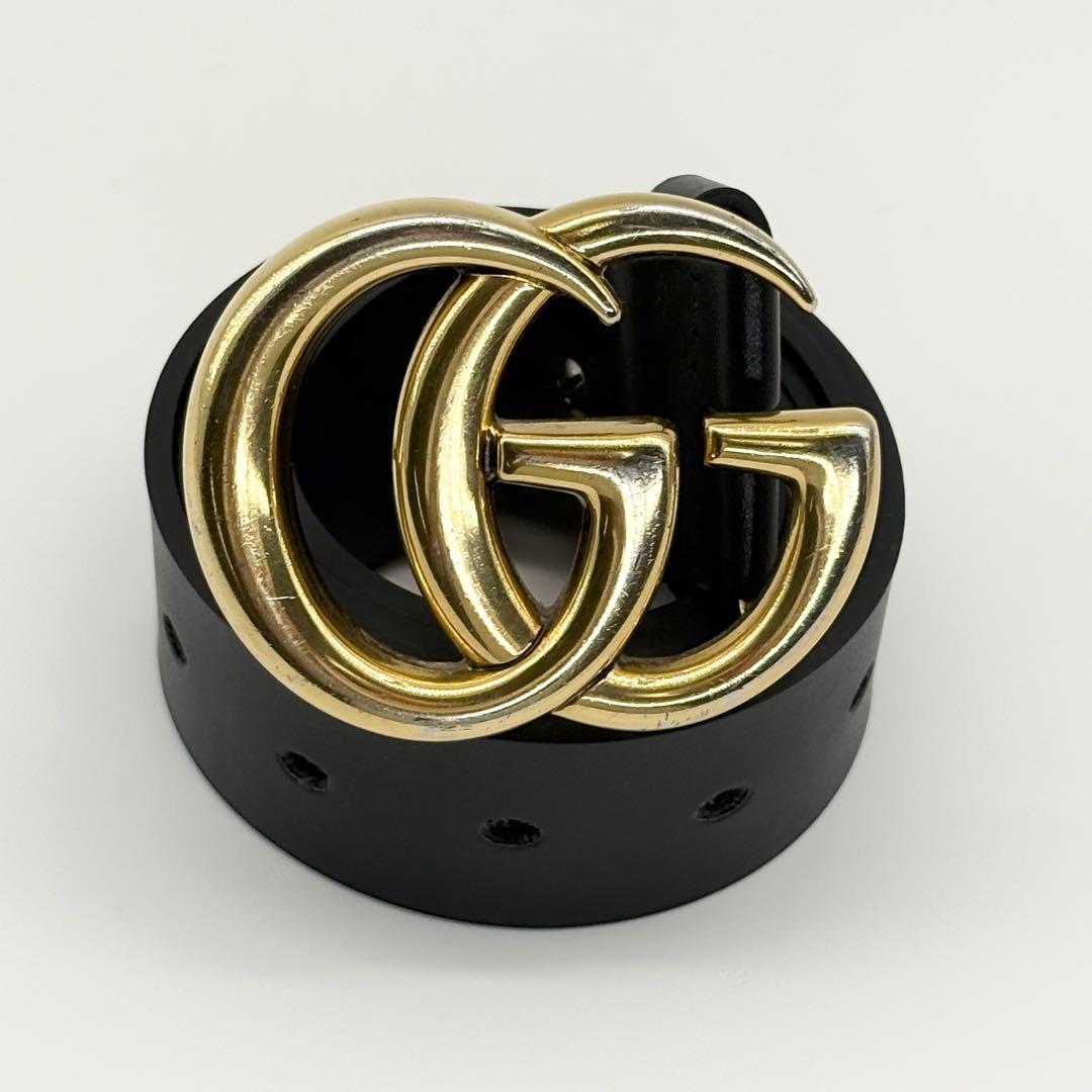 【極美品】GUCCI　ベルト　黒　GGマーモント　ゴールド　レザー　ロゴバックル