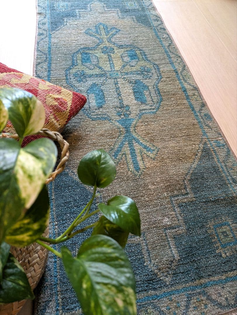 43×107 ヴィンテージトルコブルーメダリオン　トルコラグ　ミニサイズ