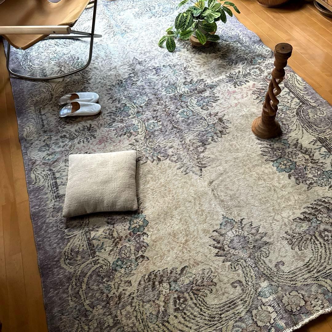 超大判169×274レアくすみラベンダー×クリーム　トルコヴィンテージラグ