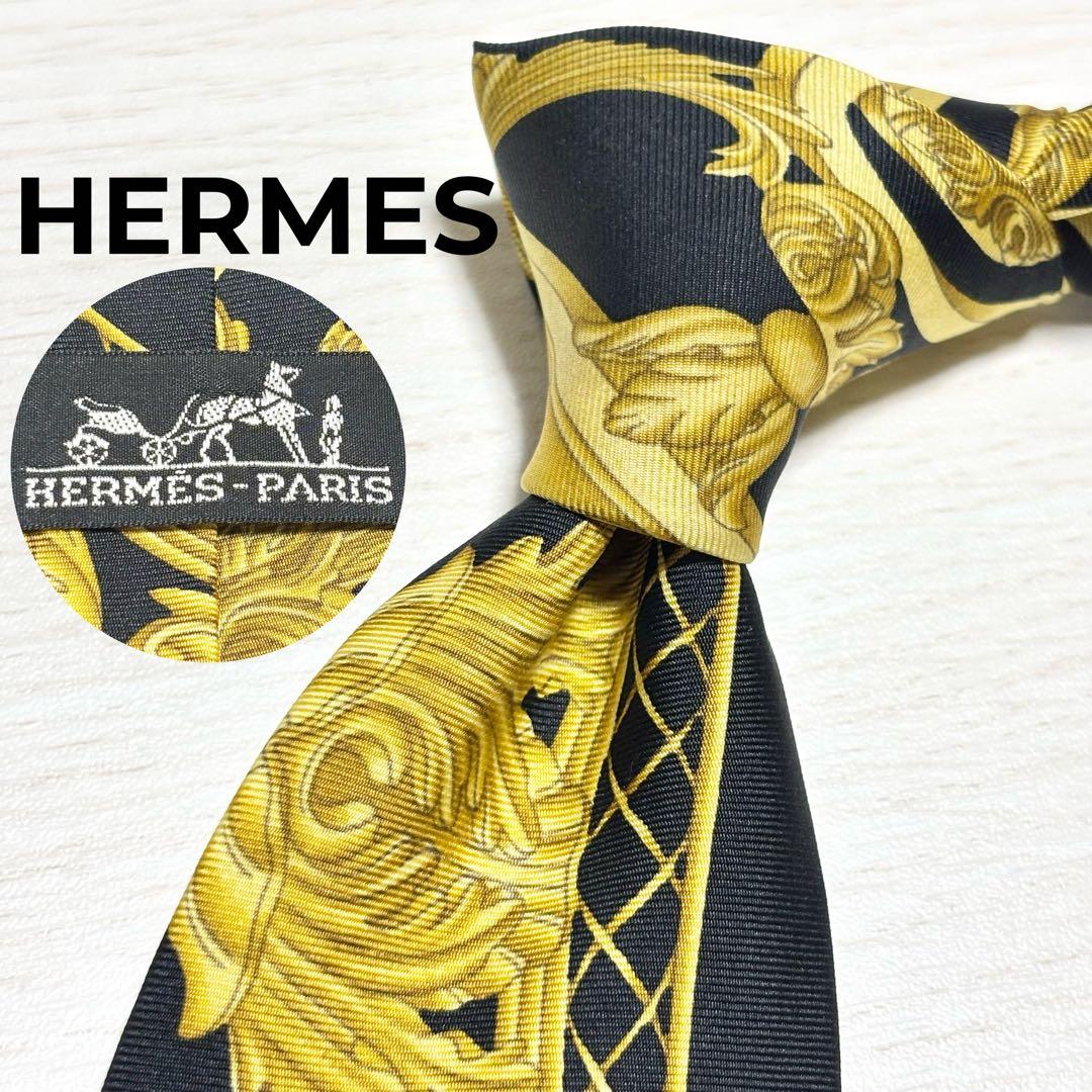 HERMES エルメス スカーフ柄 イエロー ブラック フランス製シルクネクタイ