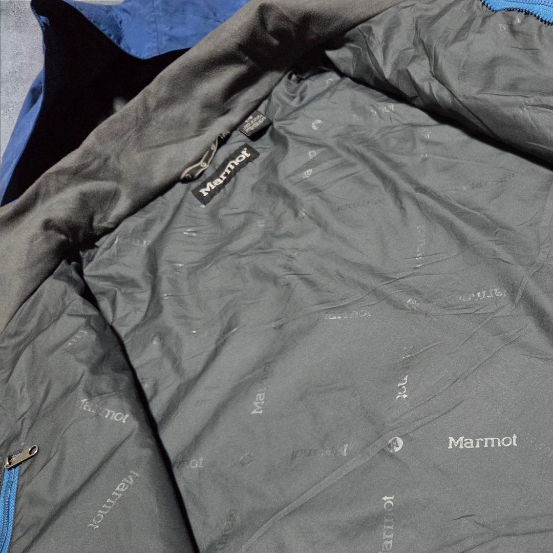 美品 テック系古着Marmotマウンテンパーカー現行ブルーネイビードローコードL
