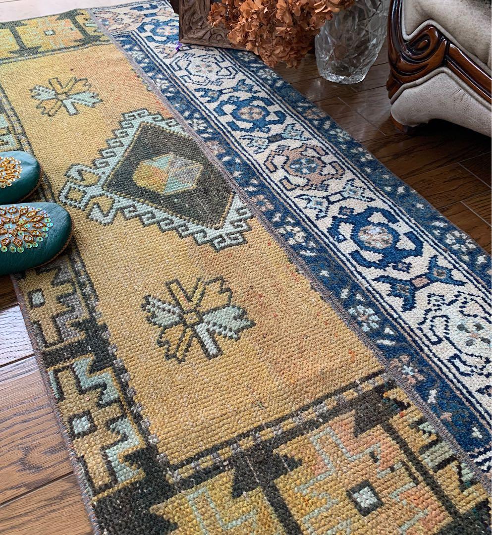 トルコヴィンテージラグ　マスタードイエロー115cm×52cm トルコラグ