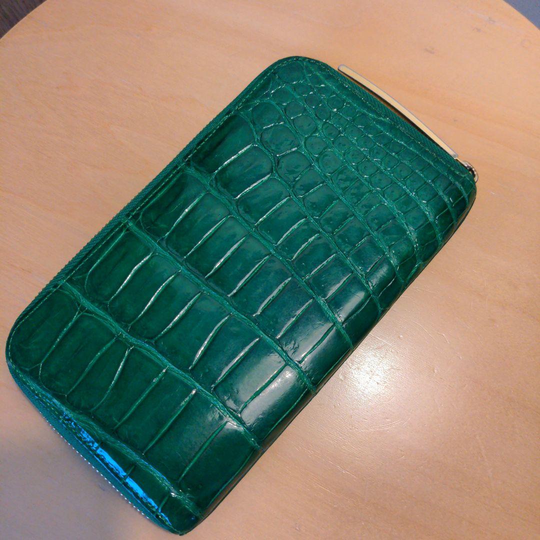 池田工芸100万円がはいる長財布クロコダイルダブルゴールドパイソンモデルグリーン