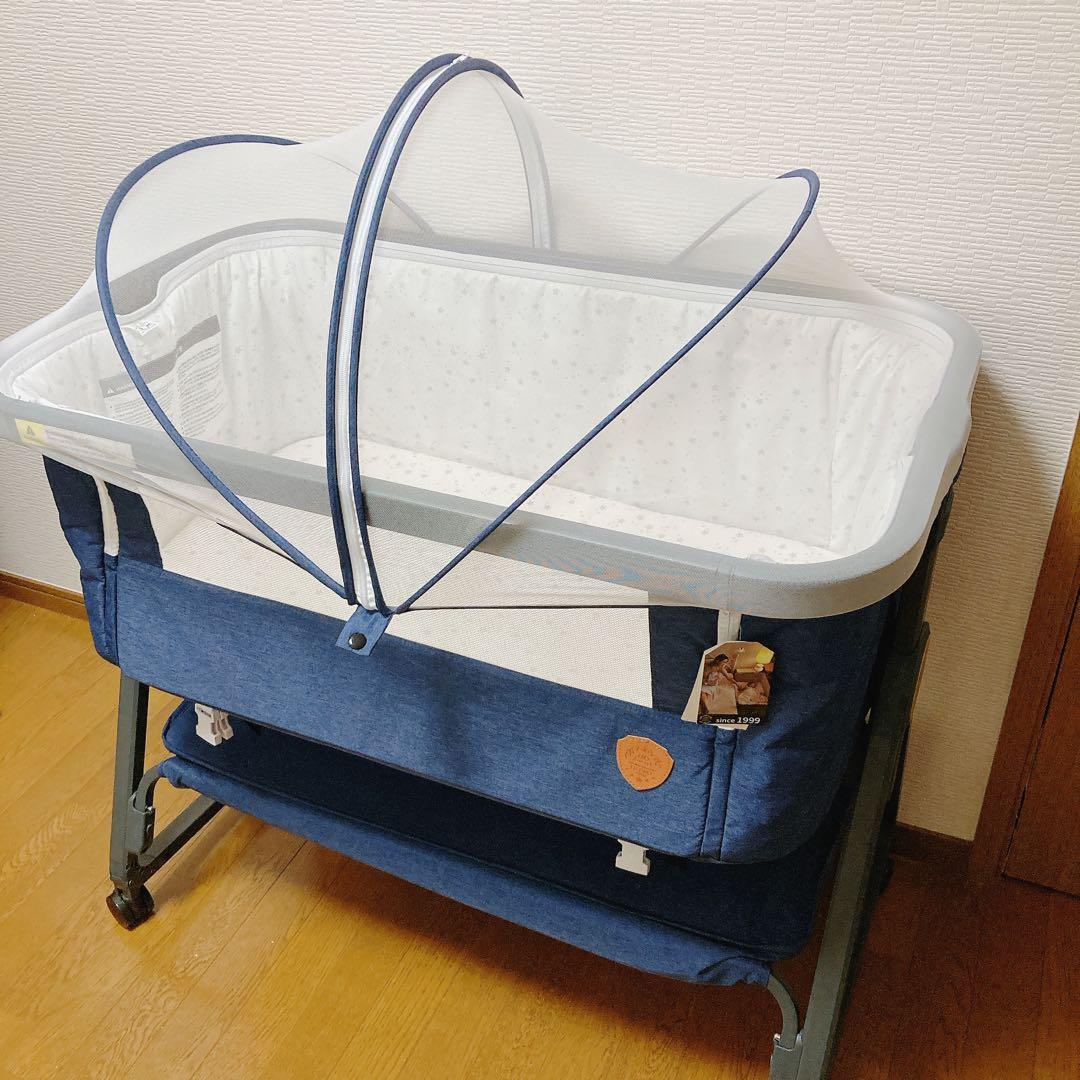 HZDMJ ベビーベッド　ネイビー 高さ調整可能　折り畳み可能