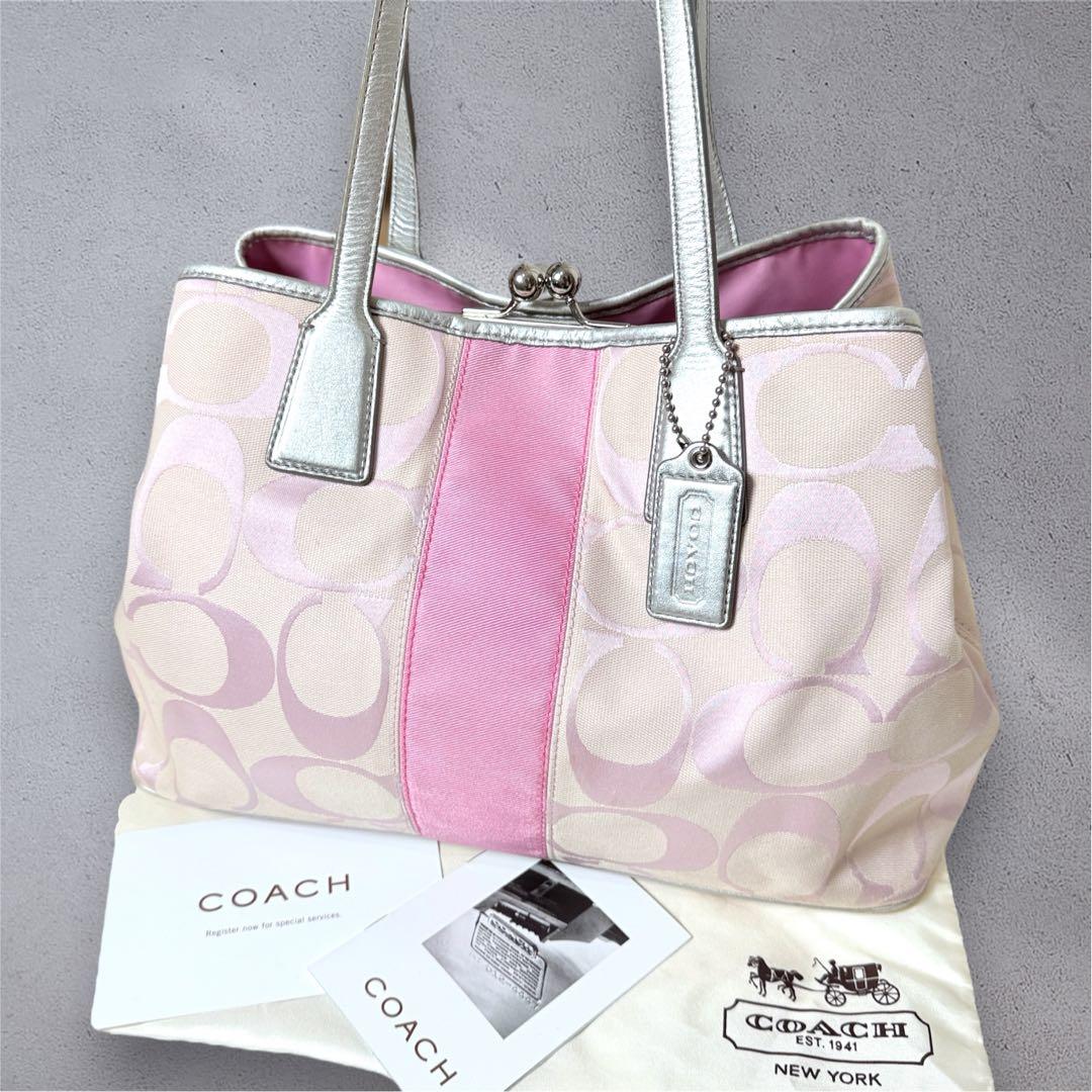 バッグ COACH pink signature kisslock tote bag