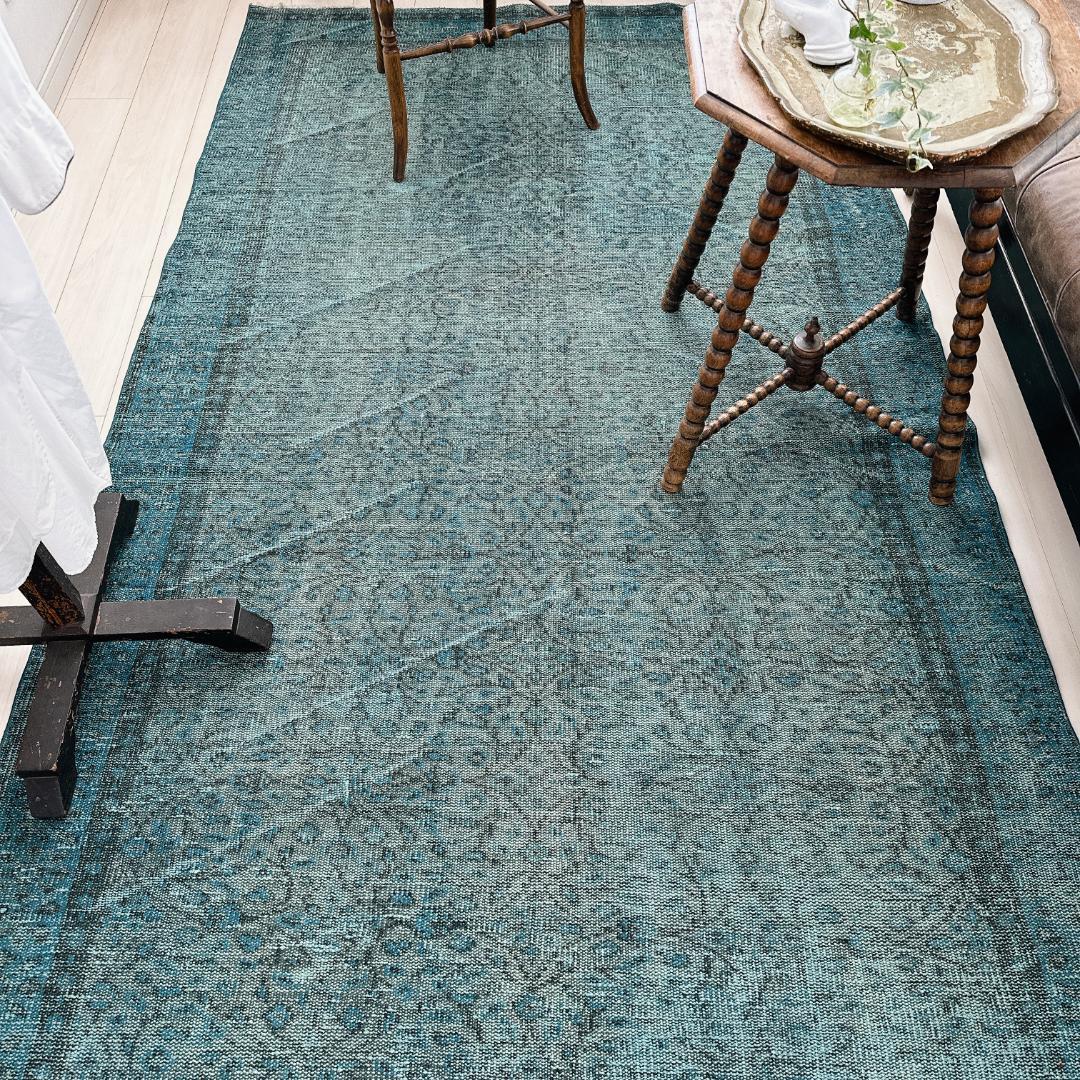 【訳アリ】トルコ ヴィンテージラグA114超大判 ターコイズブルー オーバーダイ