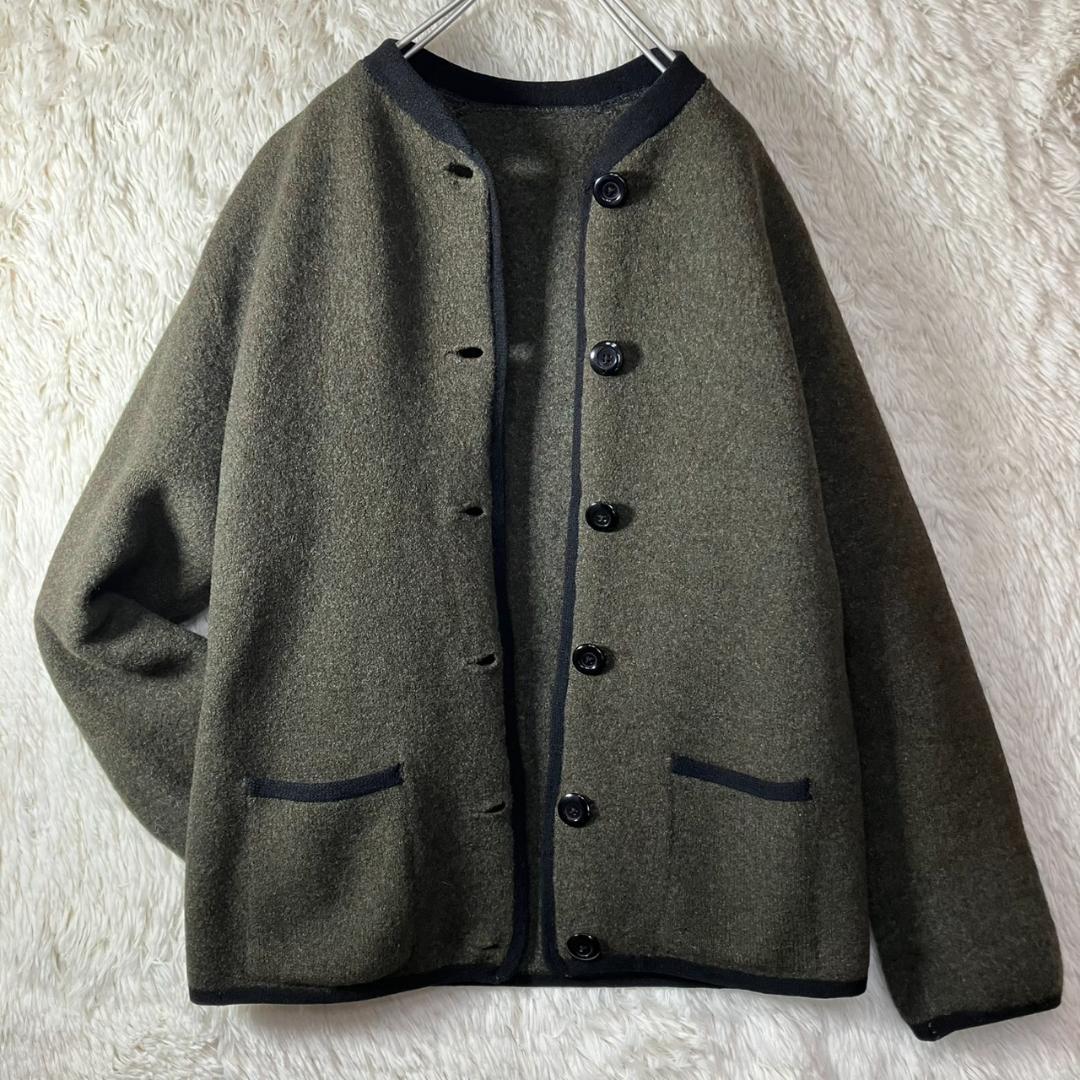 美品 90s チロリアンジャケット ノーカラー ツイード グリーン 緑