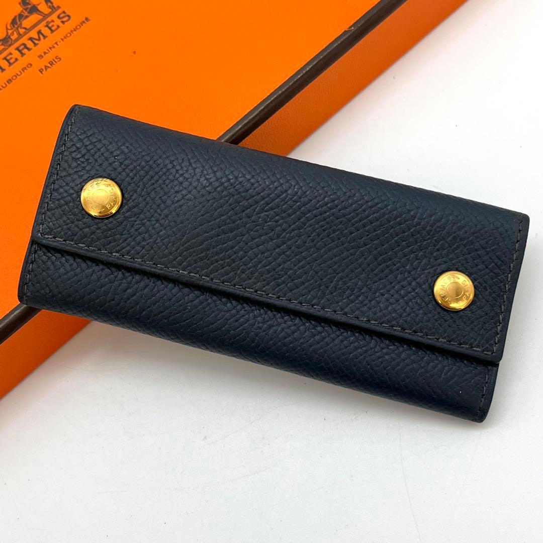 エルメス　キーケース　4連フック　ネイビー　⬜︎A 金ボタン　ヴォーエプソン