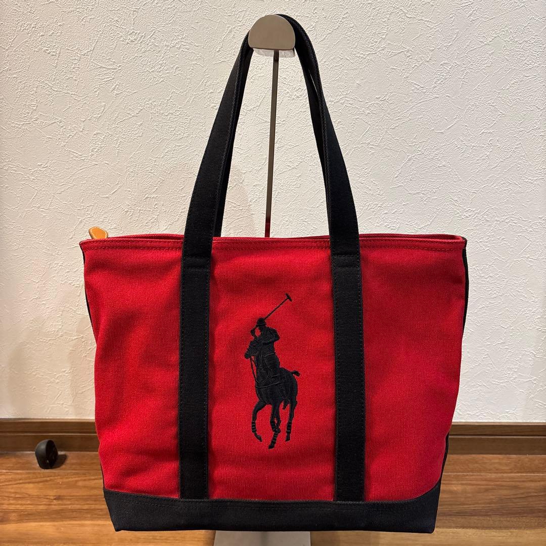 【美品】POLO ラルフローレン 帆布キャンパス×レザー トートバッグ 刺繍ロゴ