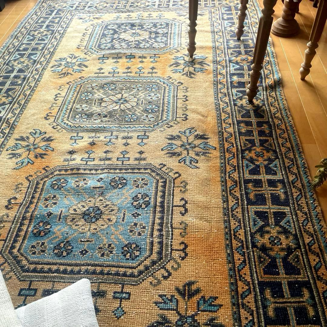 超特大140×366 くすみイエローベージュ　ボタニカル　トルコヴィンテージラグ