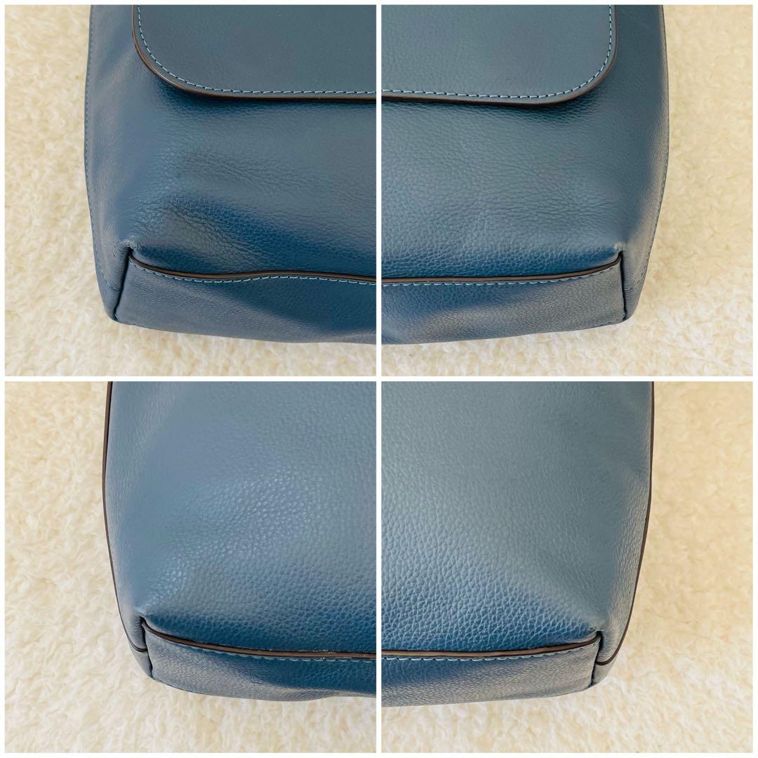 【美品】coach ショルダーバッグ オールレザー くすみブルー 斜め掛け