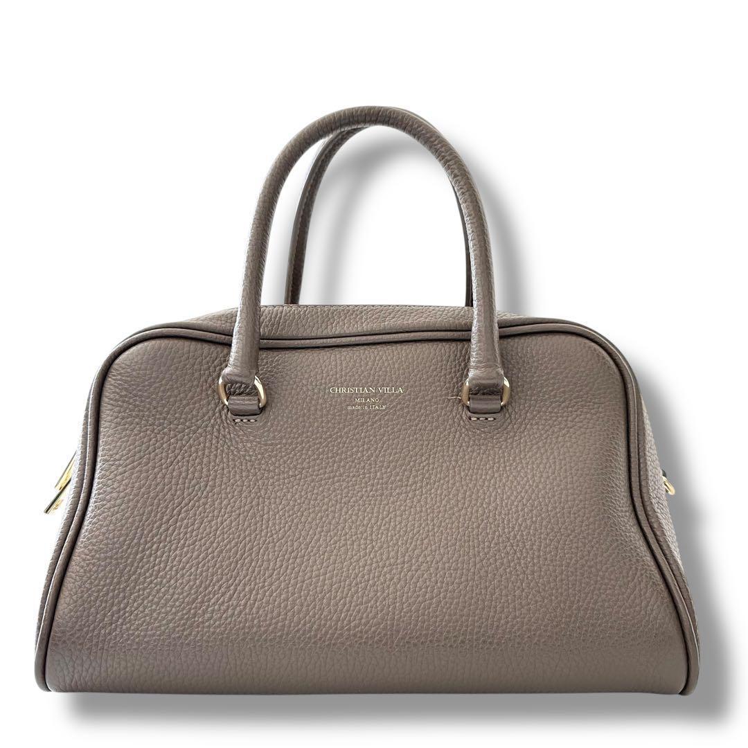 未使用級 クリスチャンヴィラ ボストン 2way バッグ シボ革 牛革 トープ
