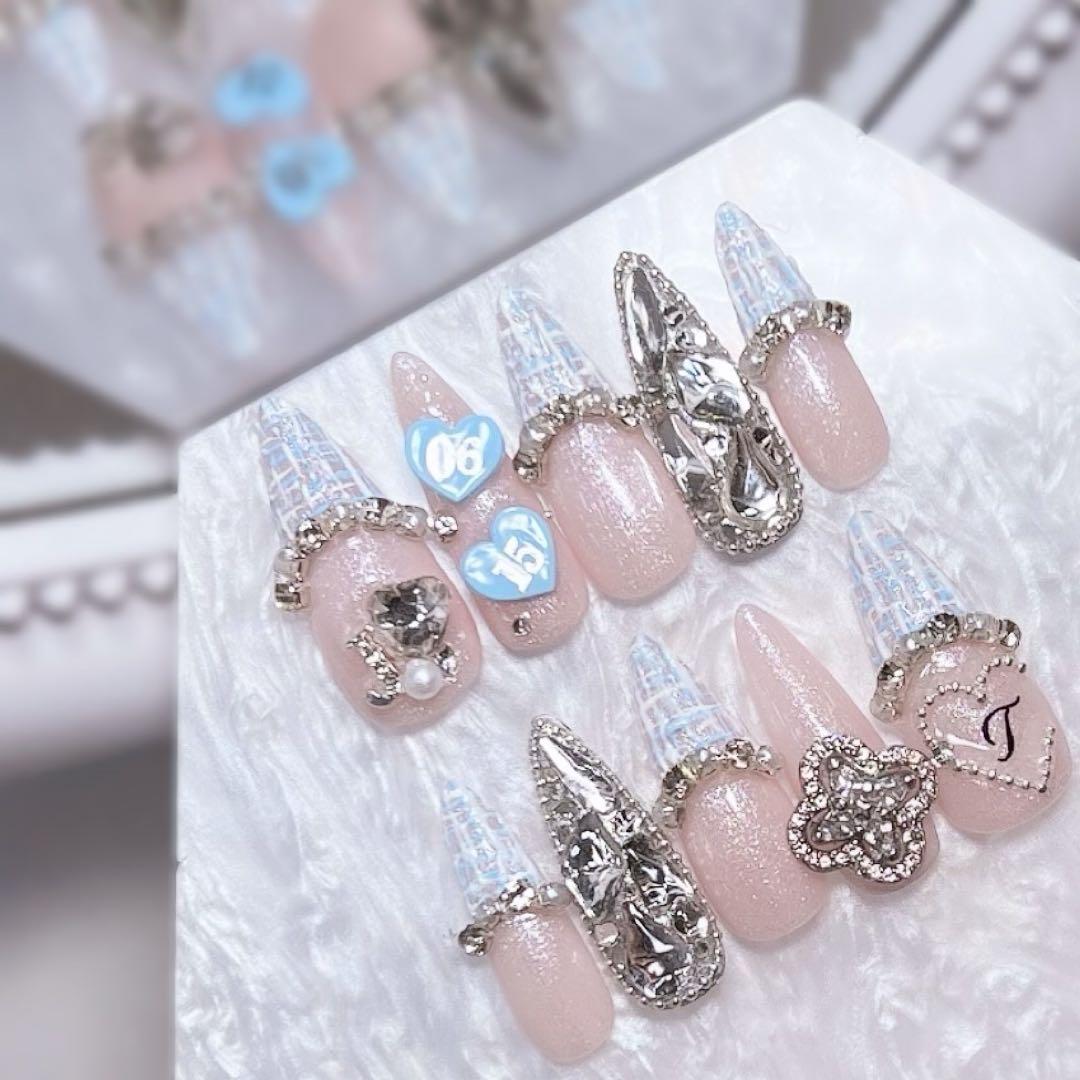 お急ぎ便B♥ ネイルチップ 水色ネイル メンカラネイル ツイード フレンチ