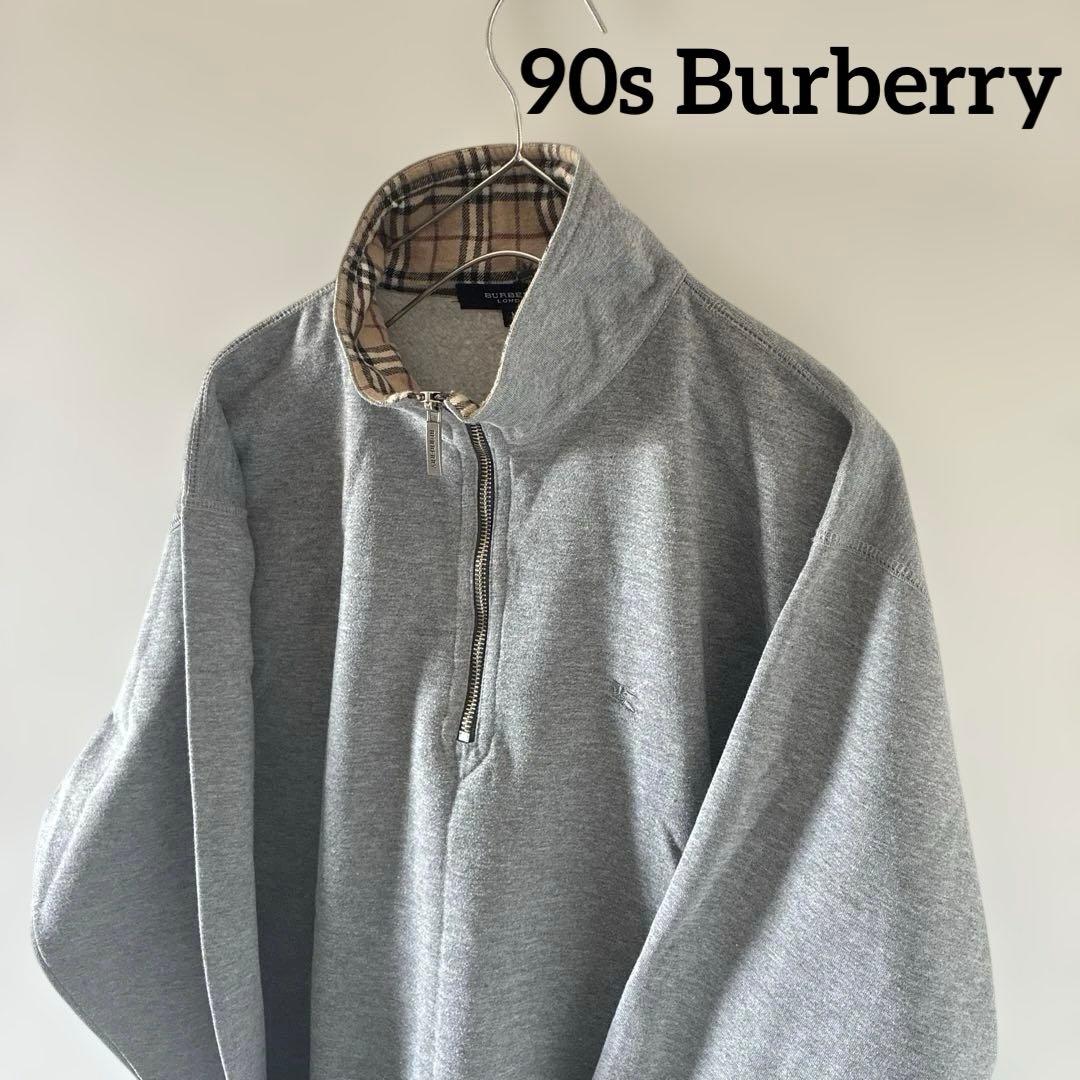 90sBurberryバーバリーハーフジップスウェットトレーナーノバチェック長袖