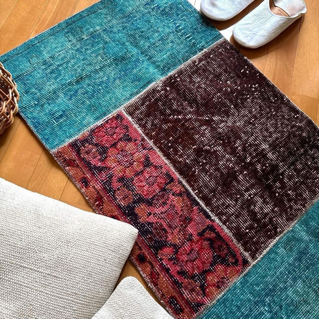 55×103 神秘的ブルー×ブラウン×ボタニカル　トルコヴィンテージラグ