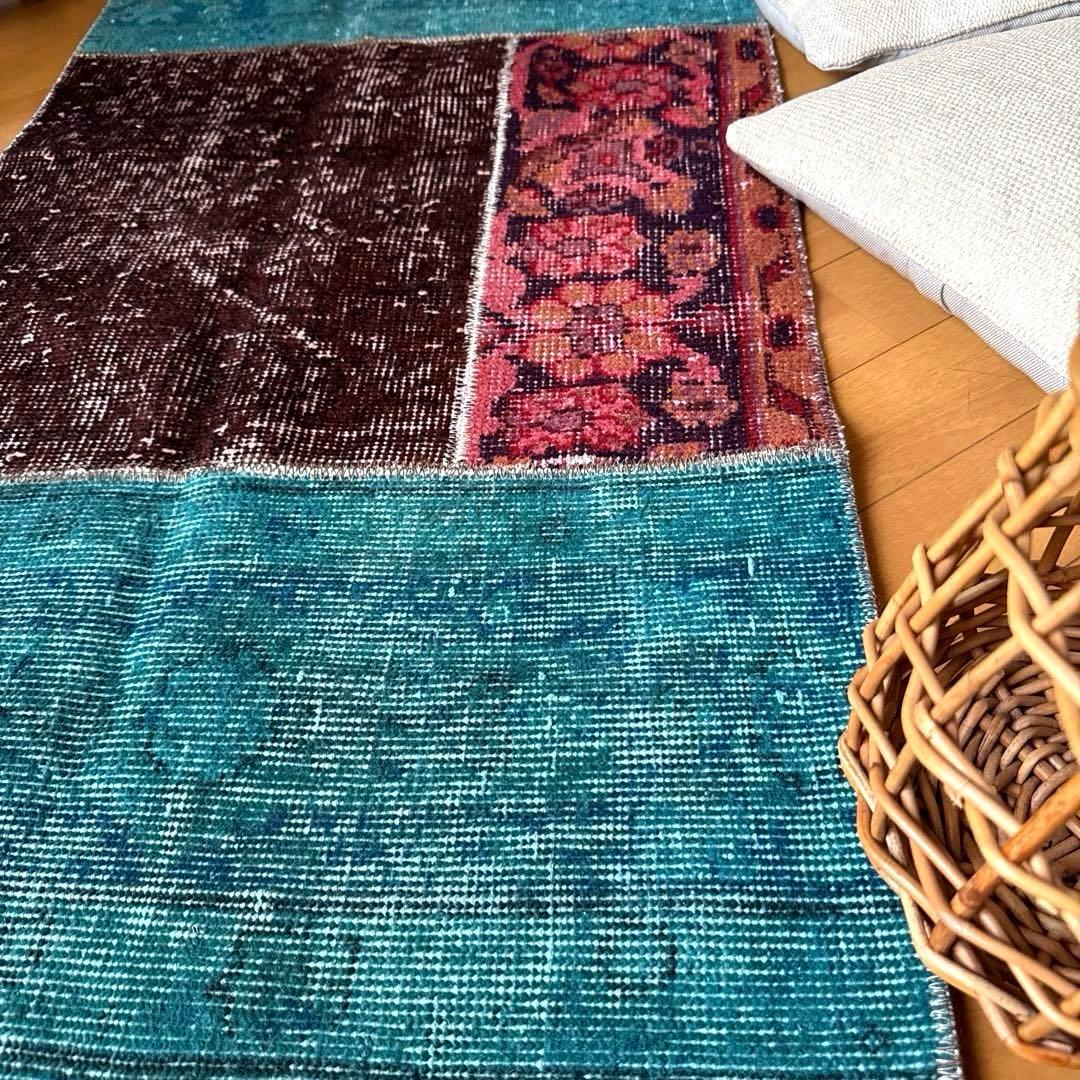 55×103 神秘的ブルー×ブラウン×ボタニカル　トルコヴィンテージラグ