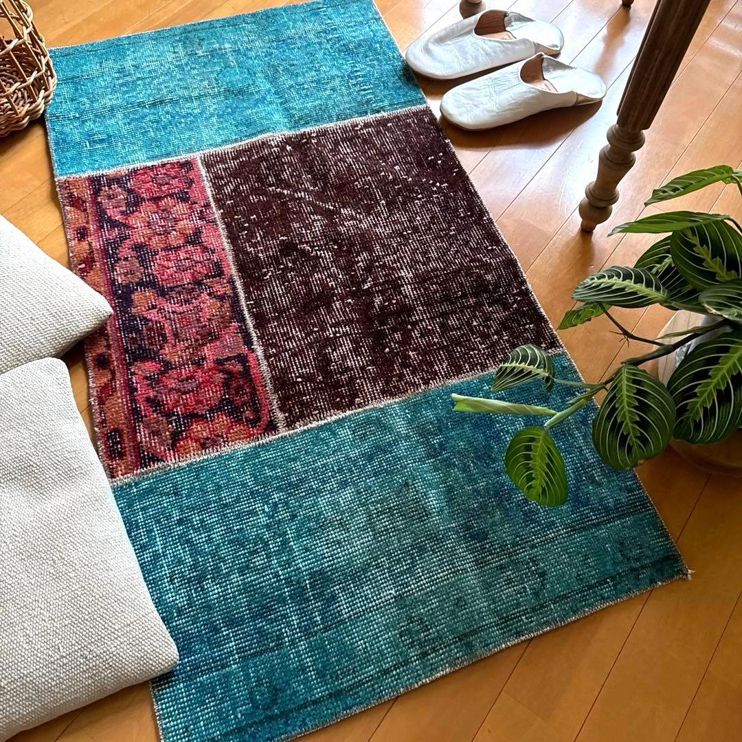 55×103 神秘的ブルー×ブラウン×ボタニカル　トルコヴィンテージラグ