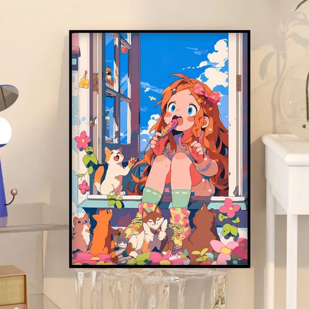 アニメ風 猫と少女のアート フレーム付き