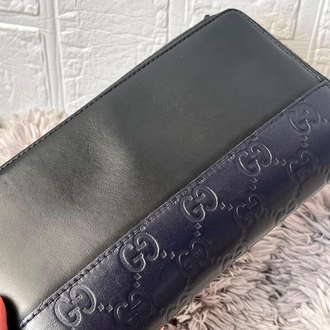 美品✨GUCCI シマ　ブラック　切り替えレザー　メンズ　ラウンドジップ　長財布