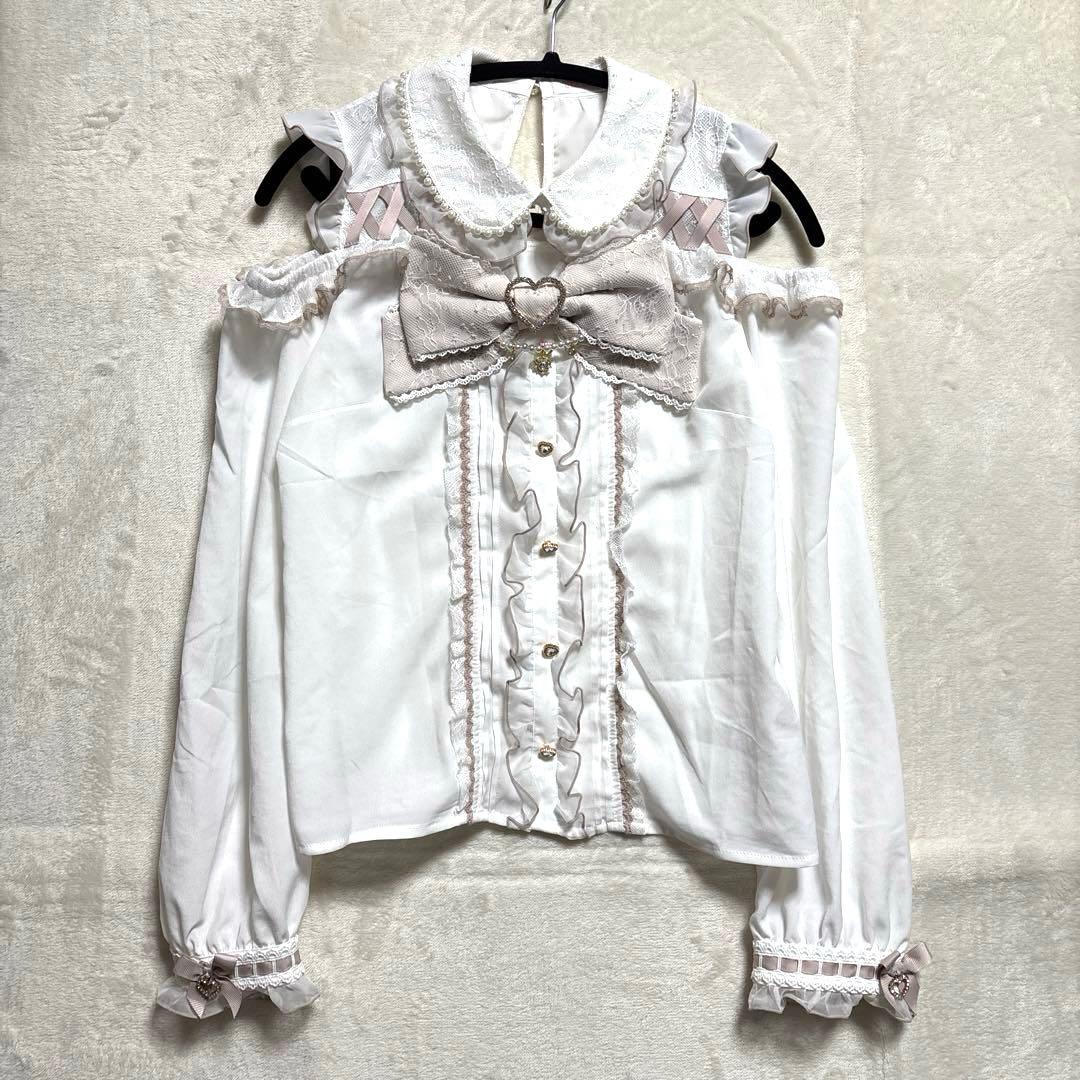 LIZLISA BIGリボンオープンショルダーブラウス Freeホワイト×ピンク