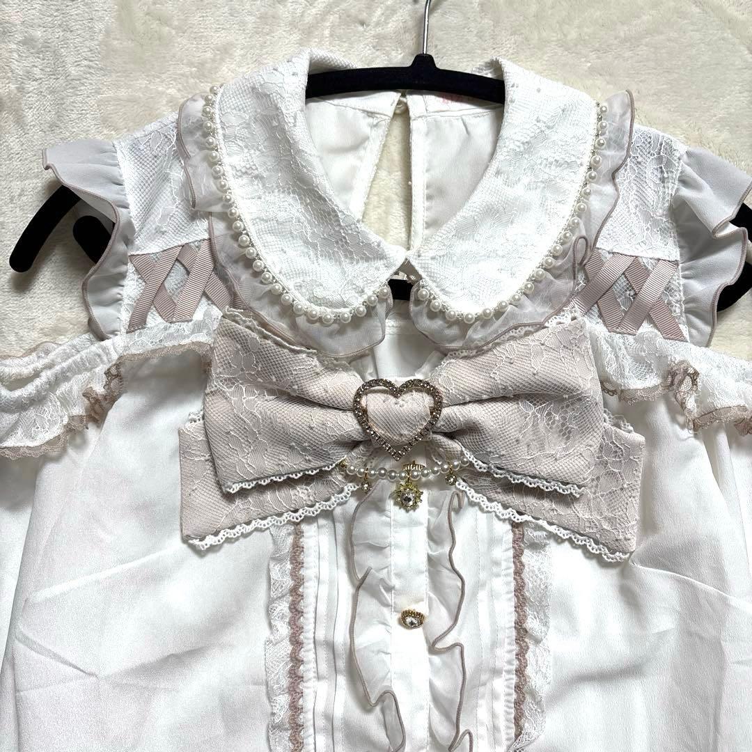 LIZLISA BIGリボンオープンショルダーブラウス Freeホワイト×ピンク