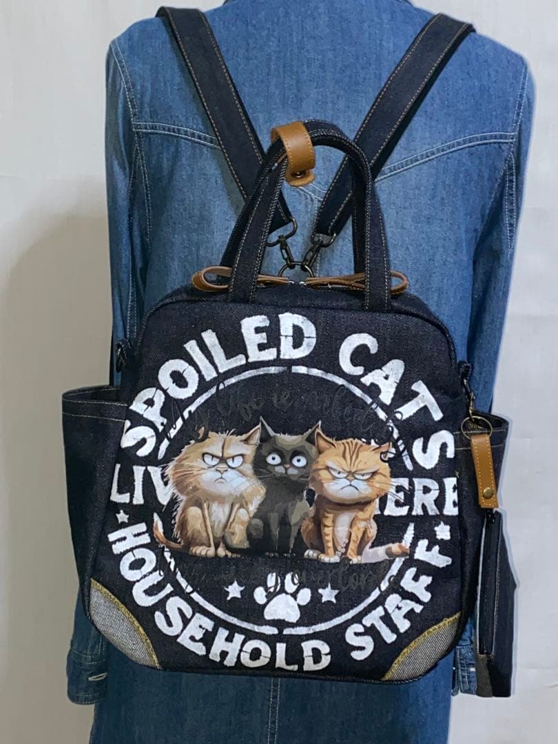 セール☆岡山デニム☆ステンシル☆トラネコ☆悪ネコ☆4wayボストンバッグ