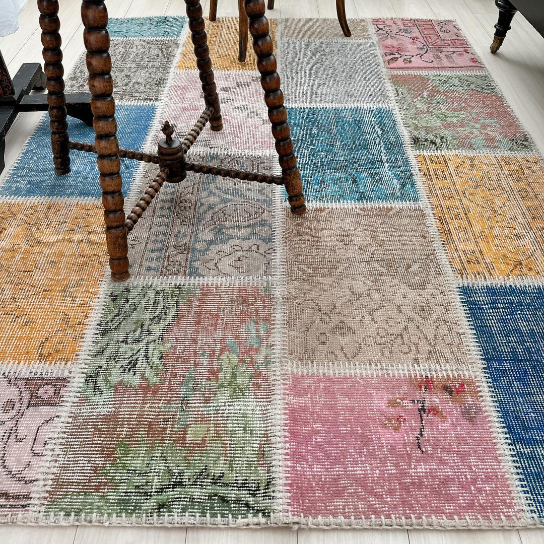 トルコ製ヴィンテージラグ915 レア 高級 ブルー イエロー パッチワーク