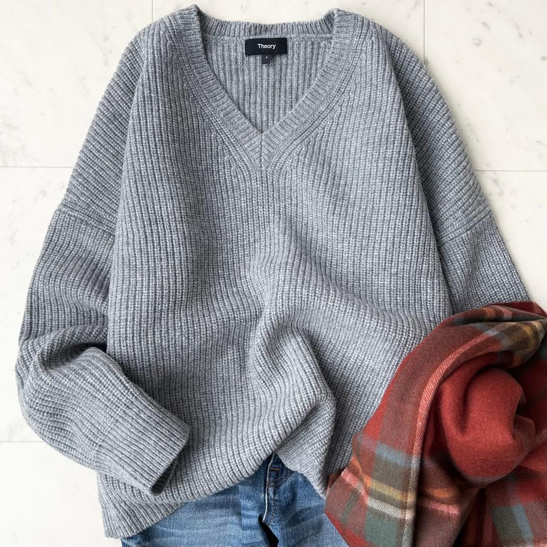 美品 Theory セオリー Vネック リブニット カシミヤウール グレー