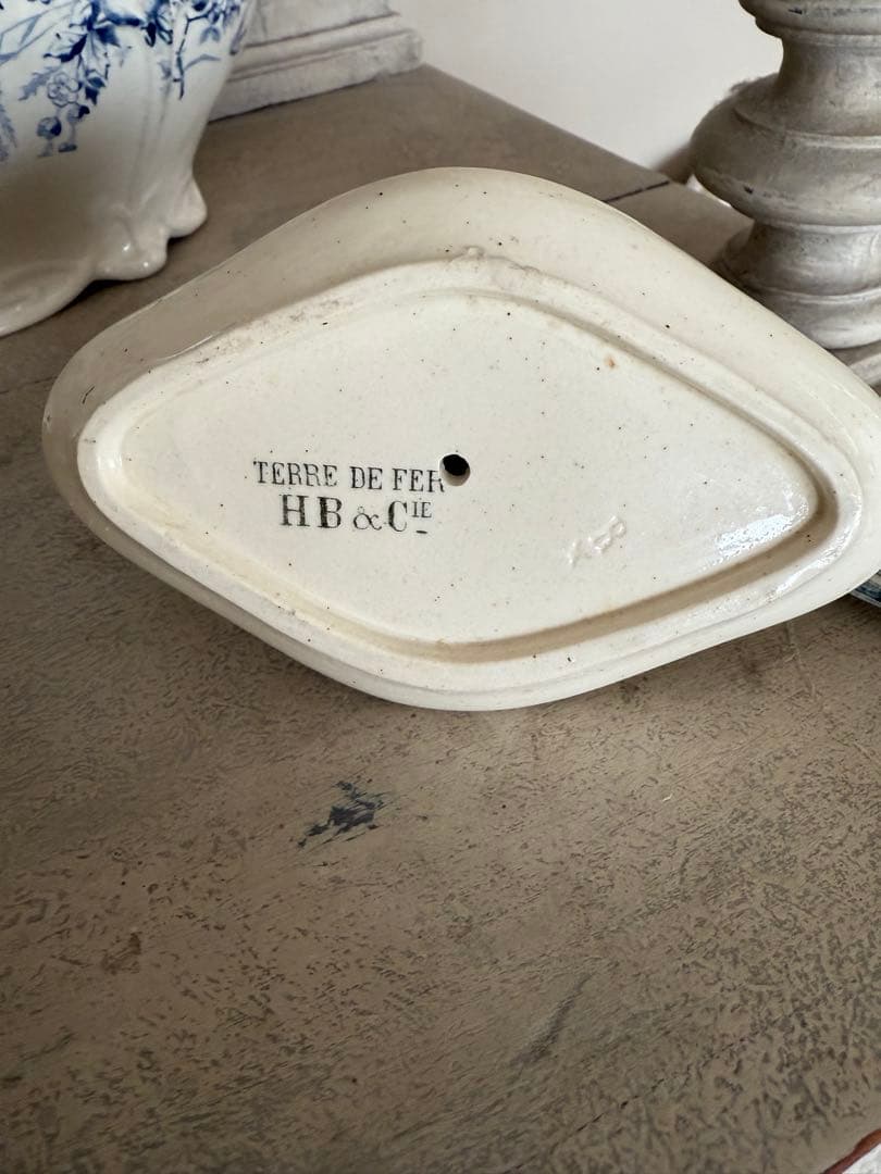 フランスアンティークショワジールロワ青い花模様小鳥柄のムタディエマスタード入れ