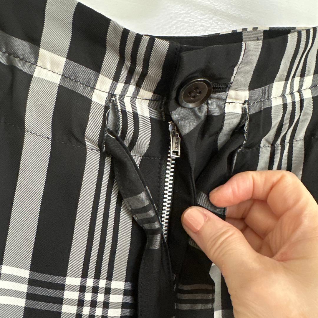 y'sワイズ黒白チェック柄アシンメトリーワイドパンツ