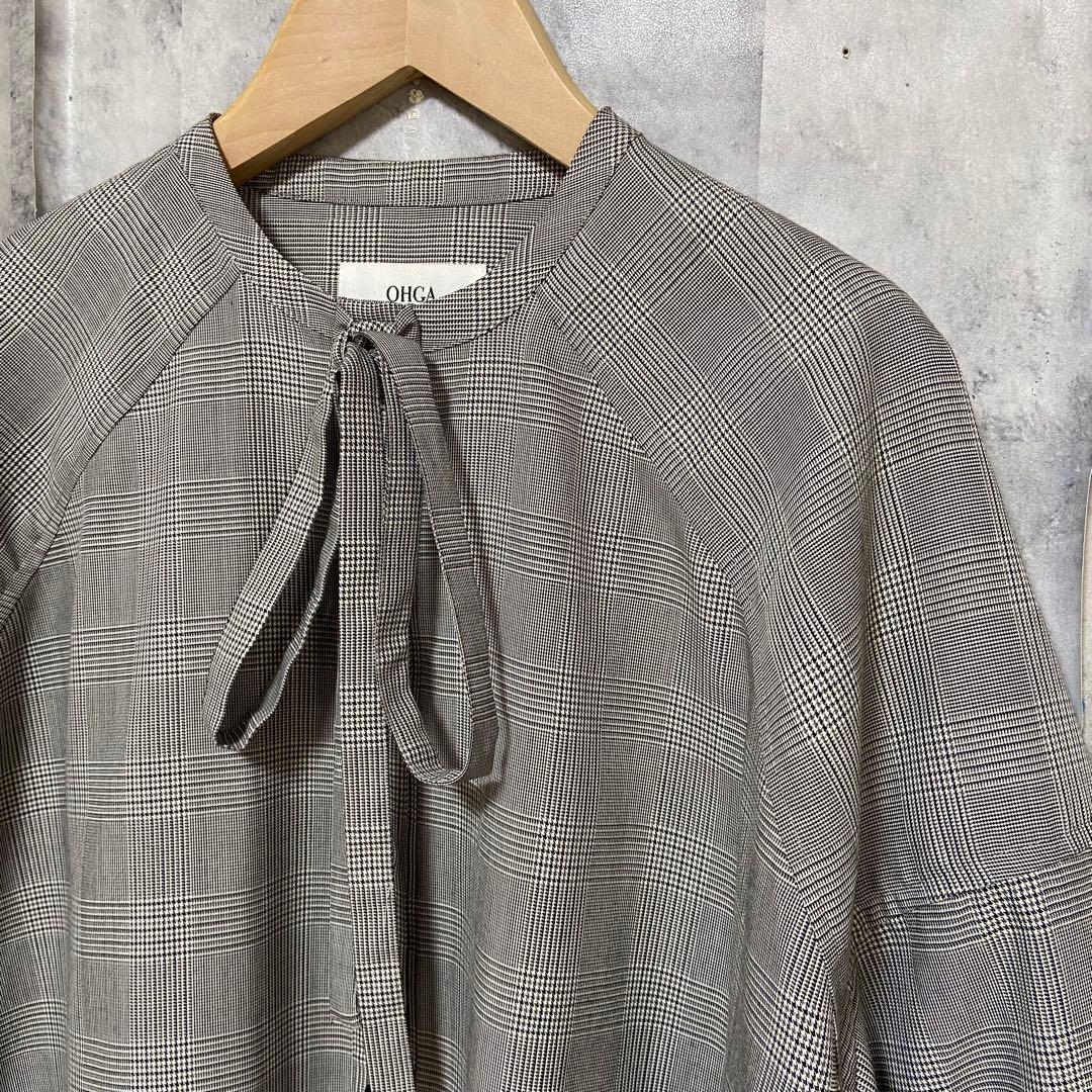 【OHGA】オーバーサイズリボンボウタイブラウス チェック柄 FREE グレー