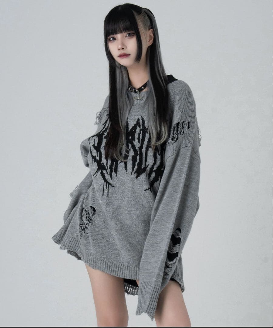 LAZYSLAY メタルロゴダメージニット