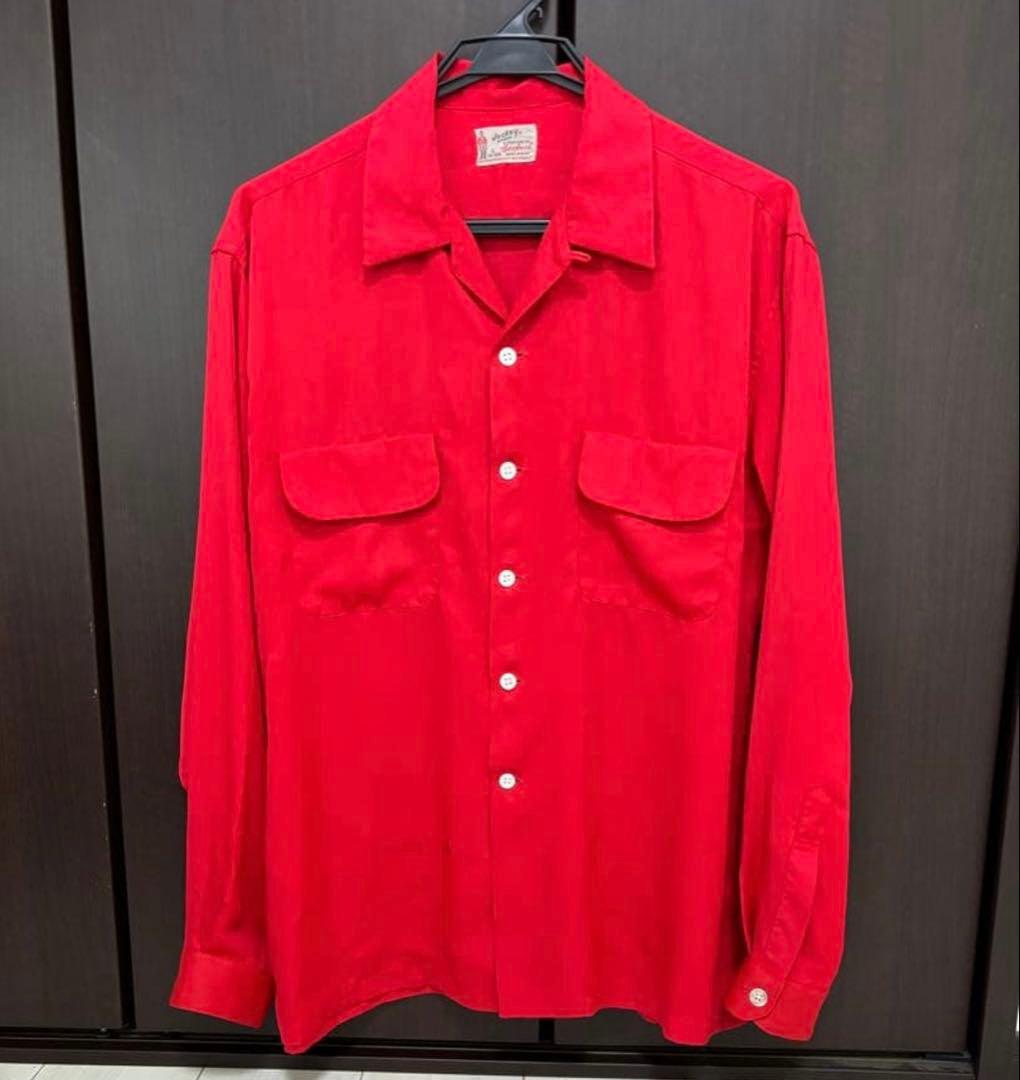 50s ビンテージ　レーヨン　開襟　シャツ　トレンドカラー　レッド　L XL