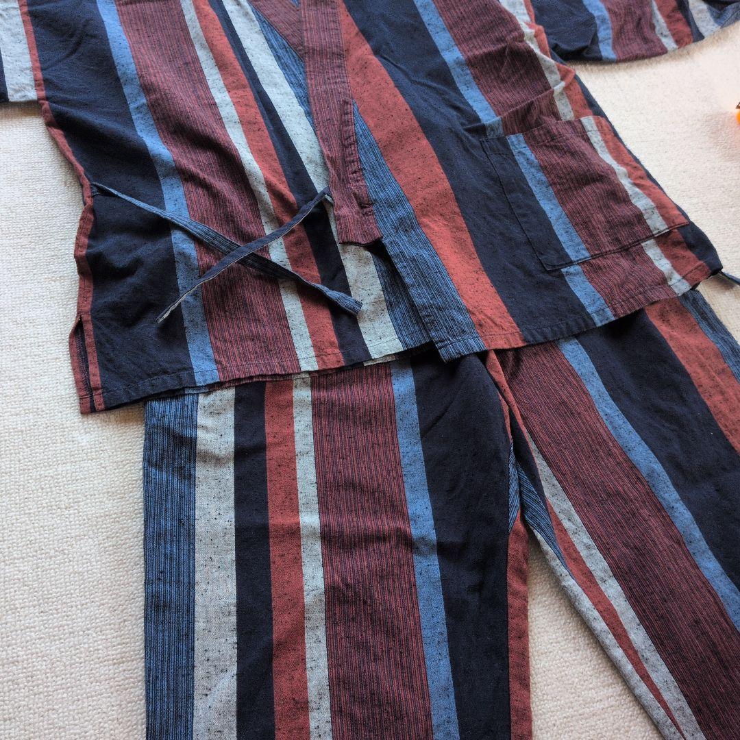 値下【美品】作務衣 さむえ 宮田織物 縞柄 日本製 綿100% 大縞フリーサイズ