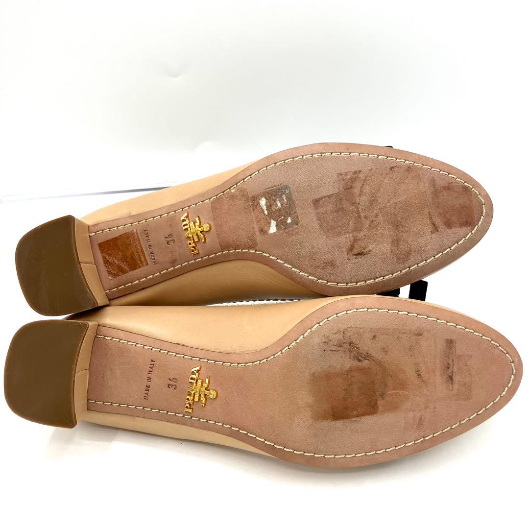 プラダ　パンプス　23cm リボン　コンビレザー 太ヒール　バイカラー