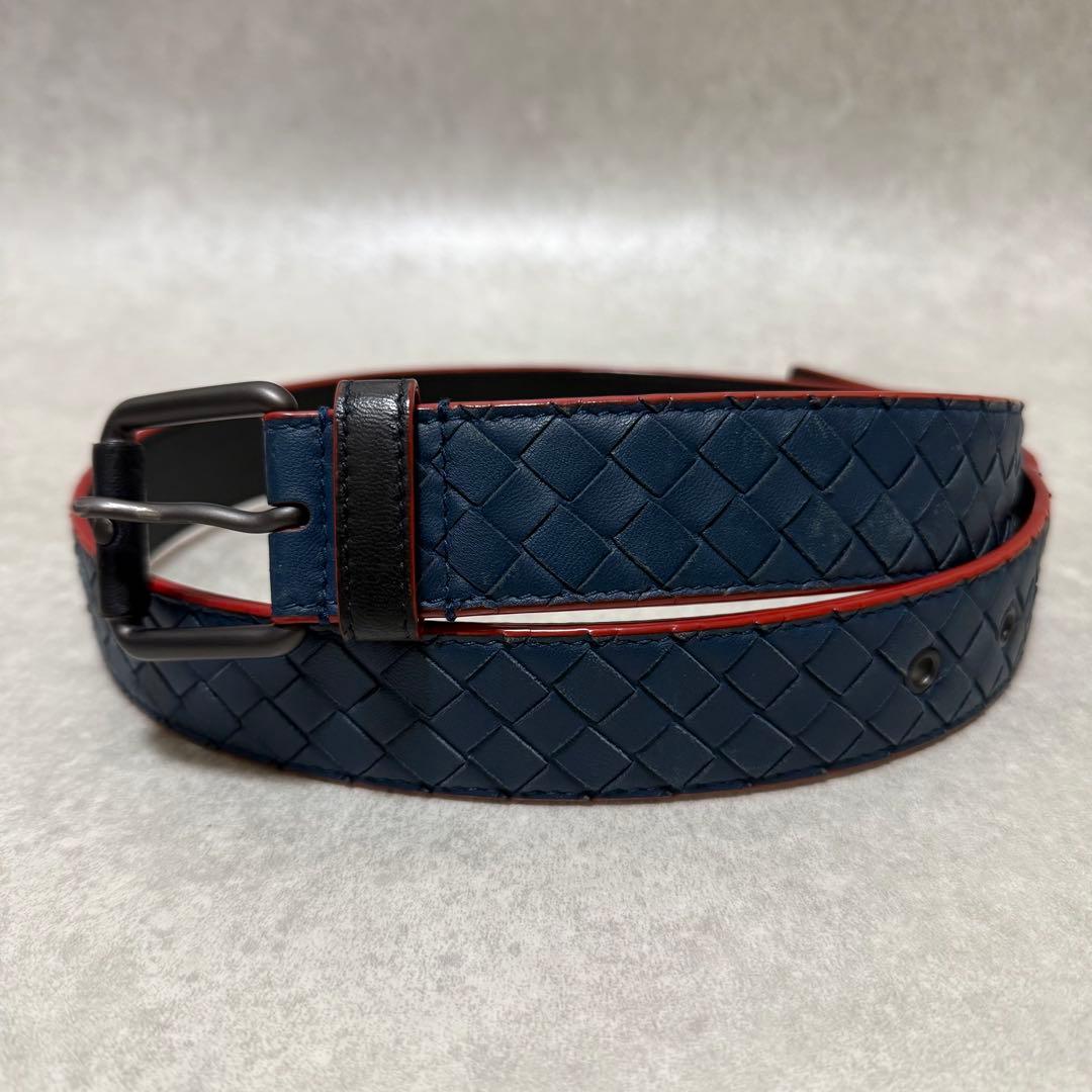 【ボッテガヴェネタ】ベルト　イントレチャート　シルバー金具　ネイビー