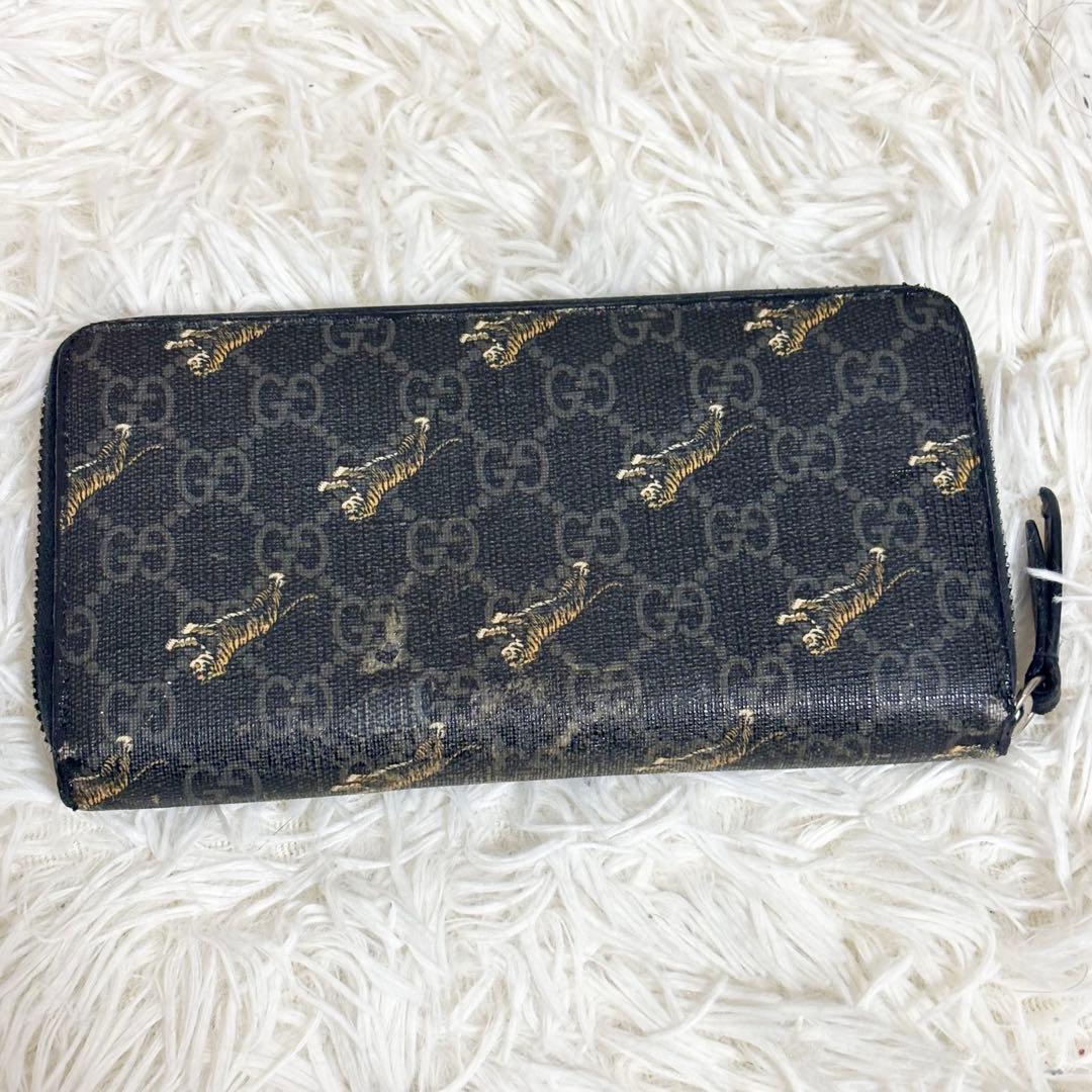 グッチ 長財布 タイガー 虎 PVC GGスプリーム ラウンドファスナー 黒