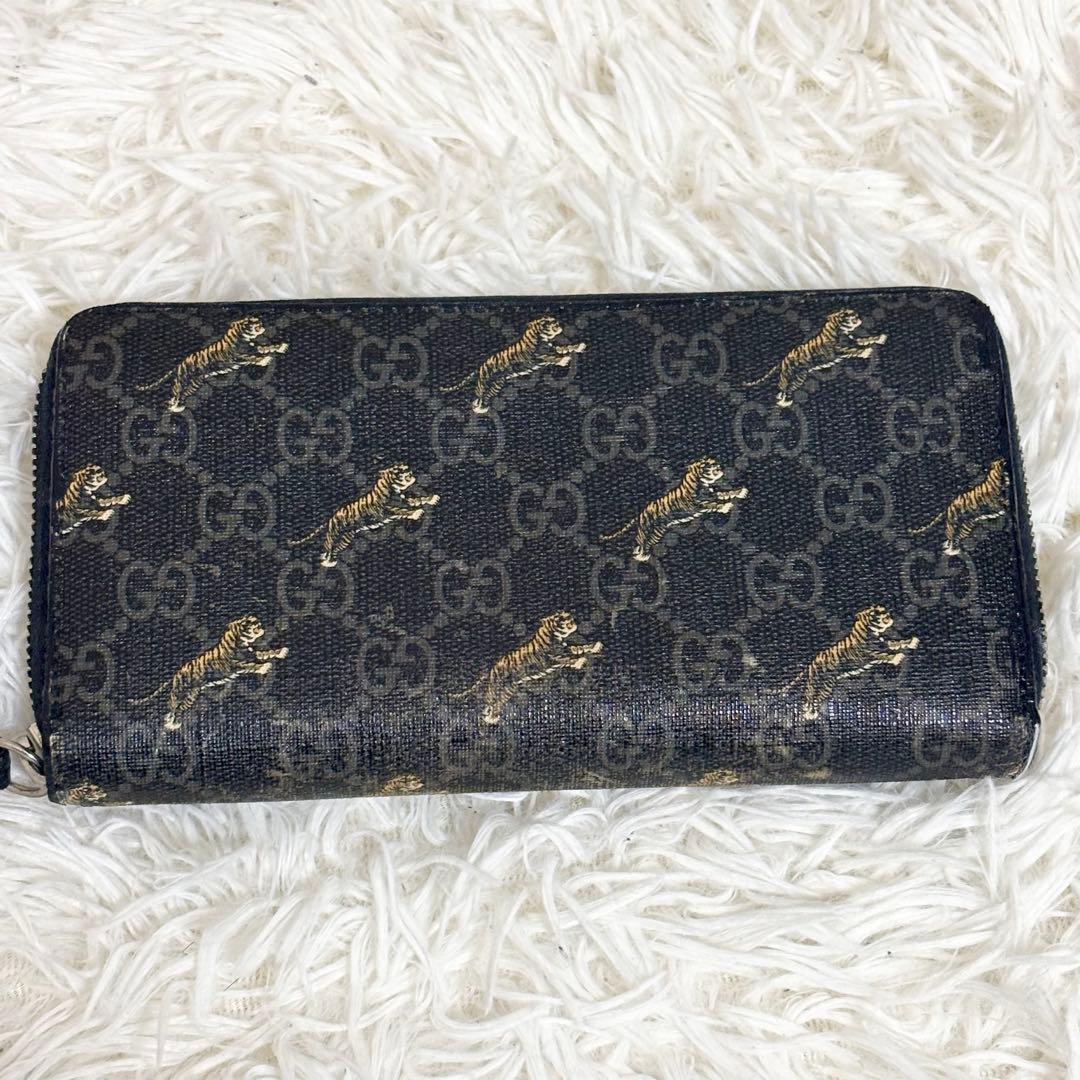 グッチ 長財布 タイガー 虎 PVC GGスプリーム ラウンドファスナー 黒